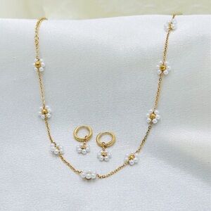Gold Pearl Cluster Necklace and Hoop Earring Set - Elegant Women’s Jewelry